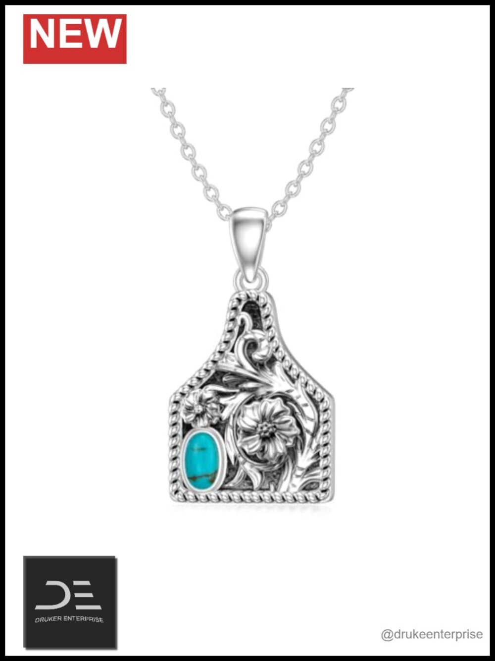 Western Cow Tag Necklace 925 Sterling Silver Turquoise Pendant Bohemian